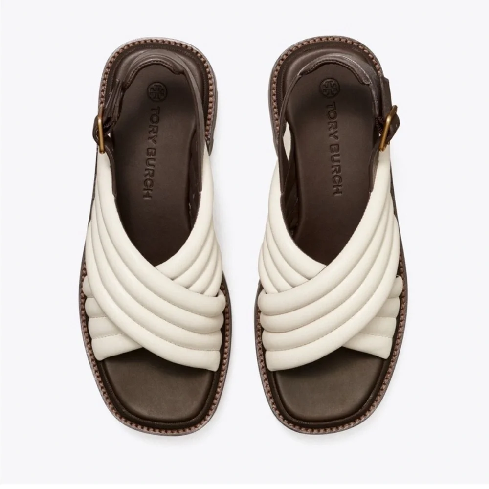 Tory Burch Lug Sole Heeled Sandals Quilted Leather Crisscross size 8 - Picture 2 of 11